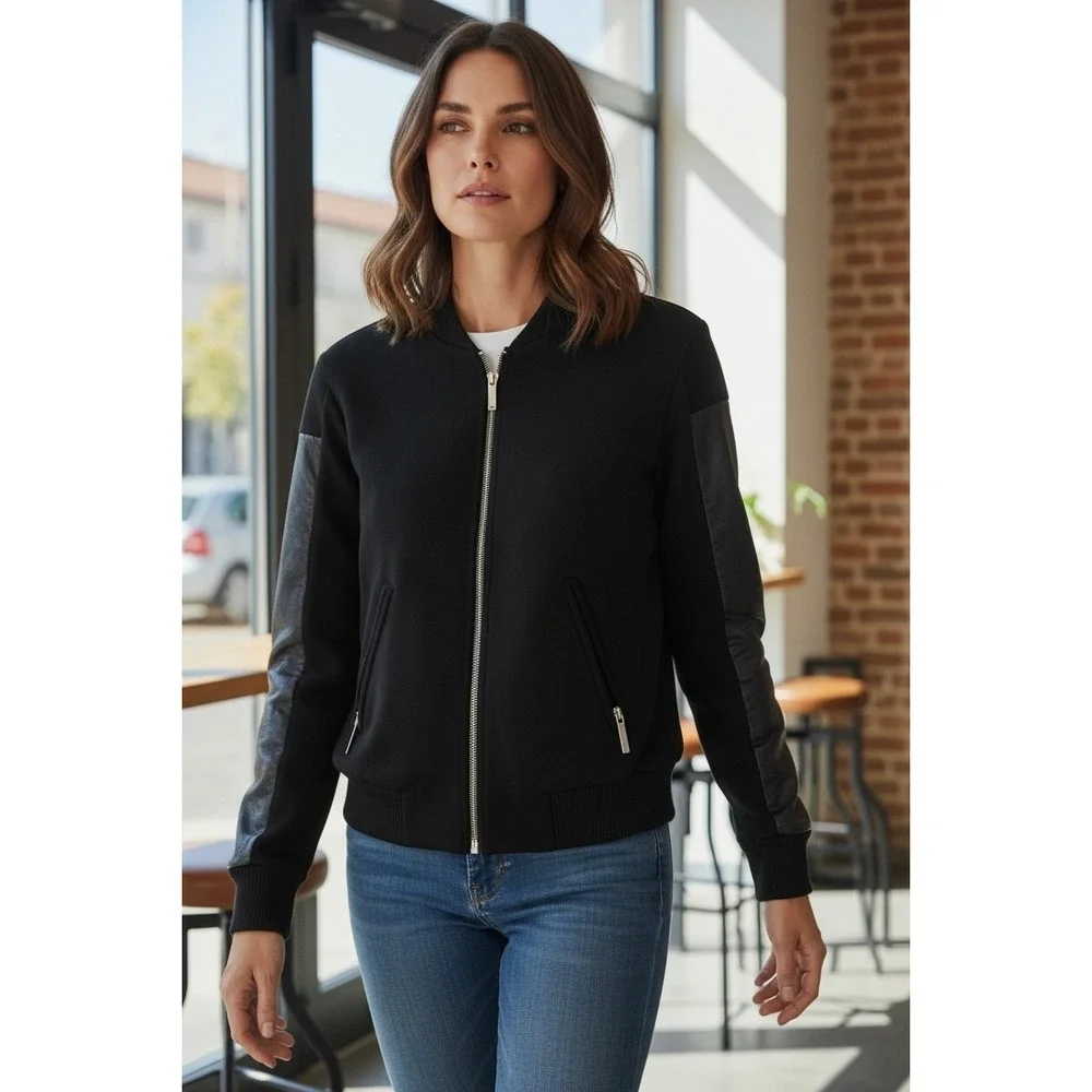 Michael Kors Retro Y2K Knit Full Zip Jacket Faux Leather Sleeve Classic Size S‎